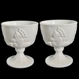 Vintage  pair White Milk Glass Harvest Grape Footed Goblet Sherbet Milk Cup EUC